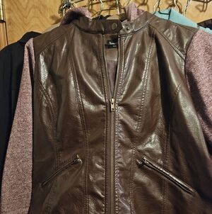 TanJay-Chocolate Leather Jacket with Attached Hood & Matching Heathered Sleeves-
